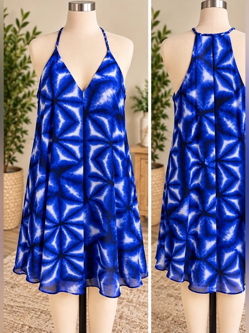Calvin Klein Women’s Size 6 Blue White Geometric Halter Swing Dress